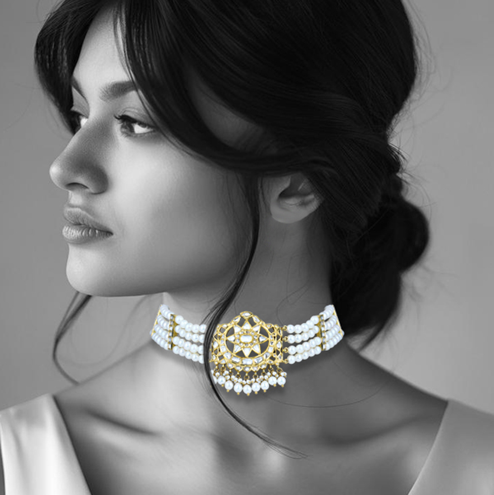 Polki Choker with Pearl Strands and Geometric Central Motif